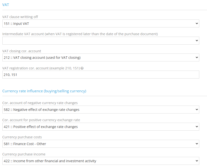 Accounting settings window with correspondent account fields